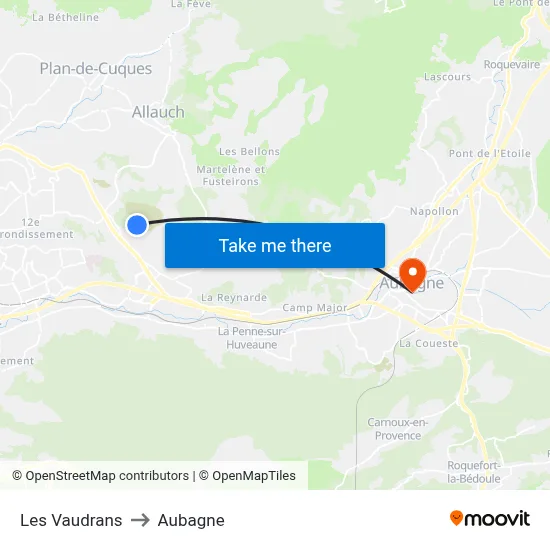 Les Vaudrans to Aubagne map