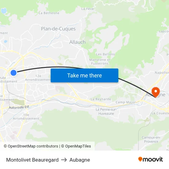 Montolivet Beauregard to Aubagne map