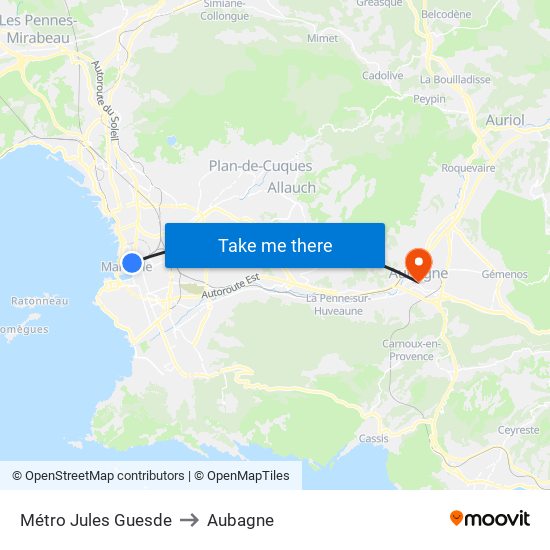 Métro Jules Guesde to Aubagne map