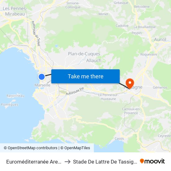 Euroméditerranée Arenc to Stade De Lattre De Tassigny map