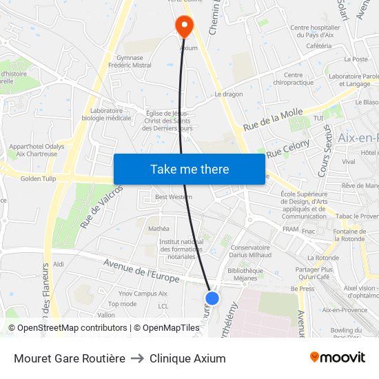 Mouret Gare Routière to Clinique Axium map