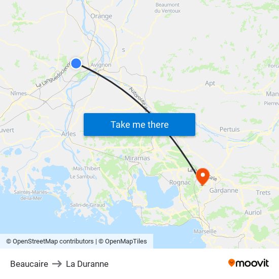 Beaucaire to La Duranne map