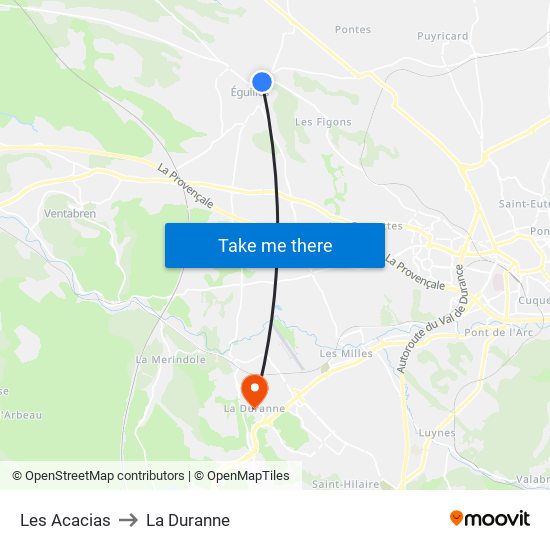 Les Acacias to La Duranne map