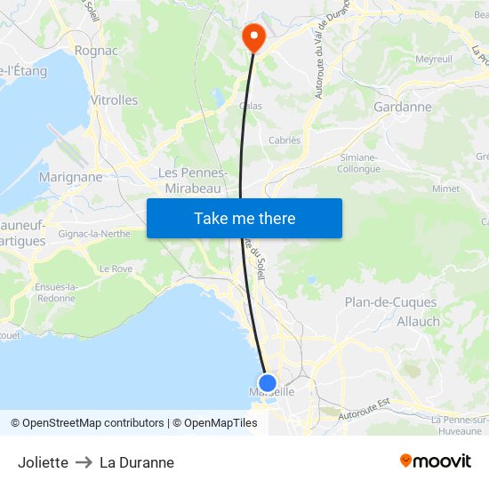 Joliette to La Duranne map