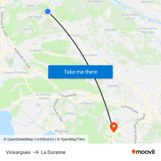Vinsargues to La Duranne map