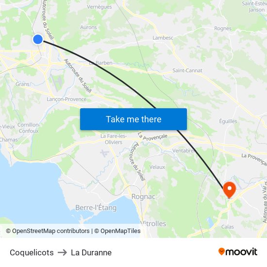 Coquelicots to La Duranne map