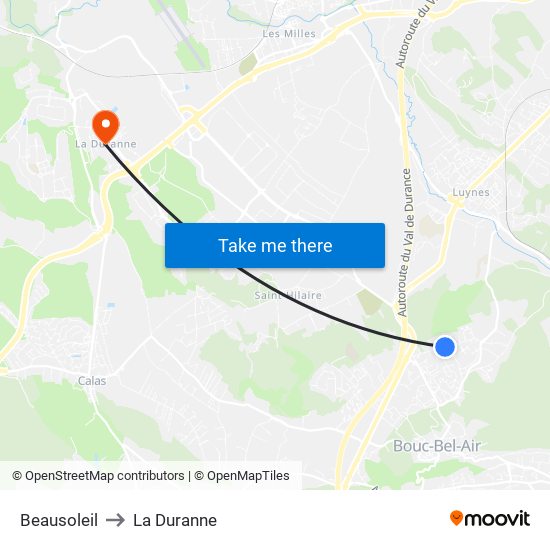 Beausoleil to La Duranne map