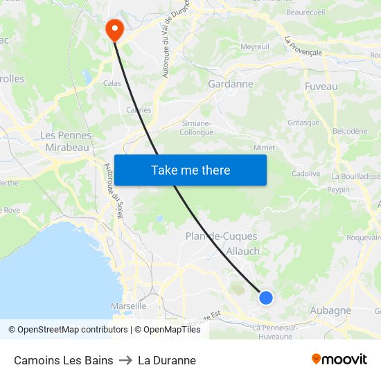 Camoins Les Bains to La Duranne map