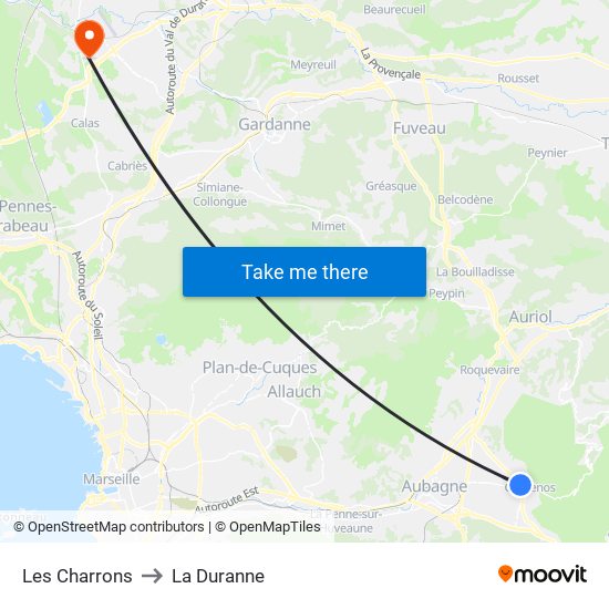 Les Charrons to La Duranne map