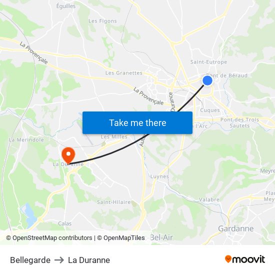 Bellegarde to La Duranne map