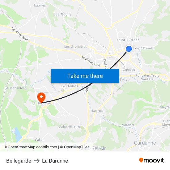 Bellegarde to La Duranne map