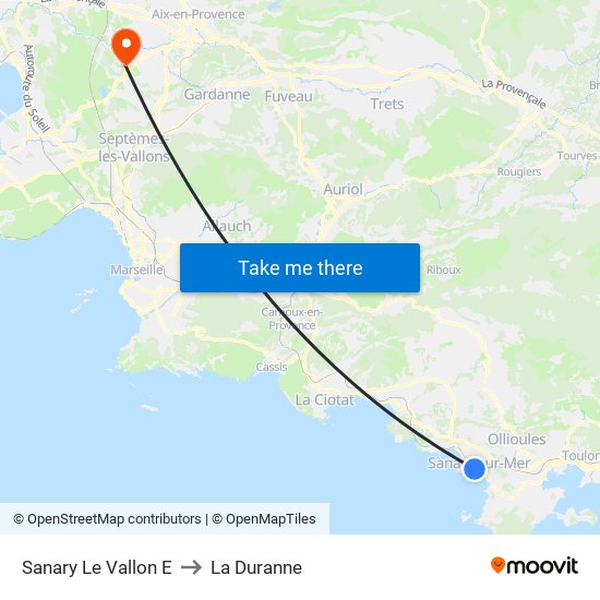 Sanary Le Vallon E to La Duranne map