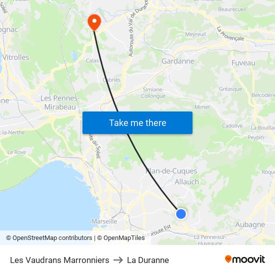 Les Vaudrans Marronniers to La Duranne map