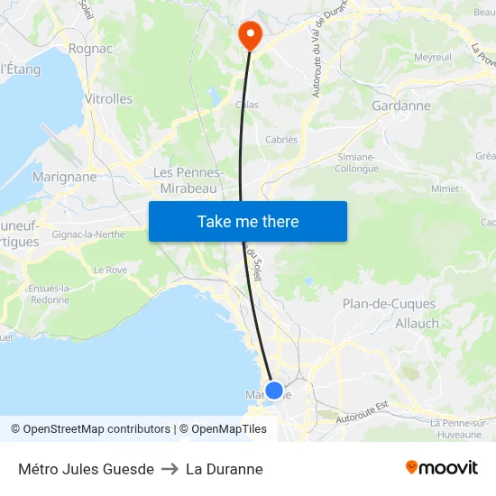 Métro Jules Guesde to La Duranne map