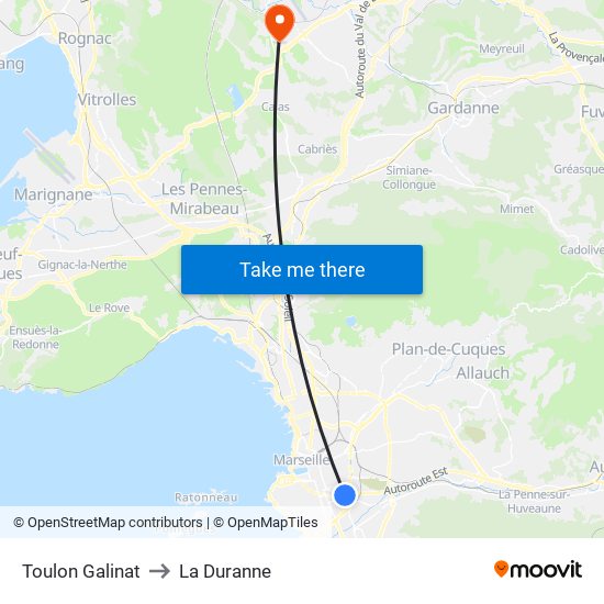 Toulon Galinat to La Duranne map