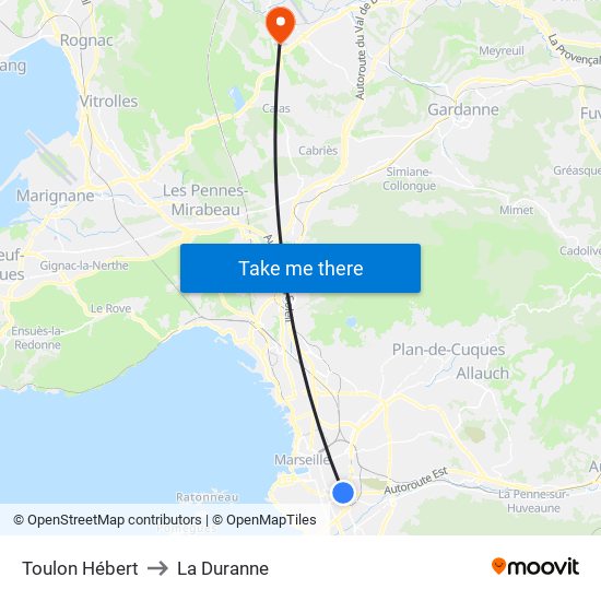 Toulon Hébert to La Duranne map