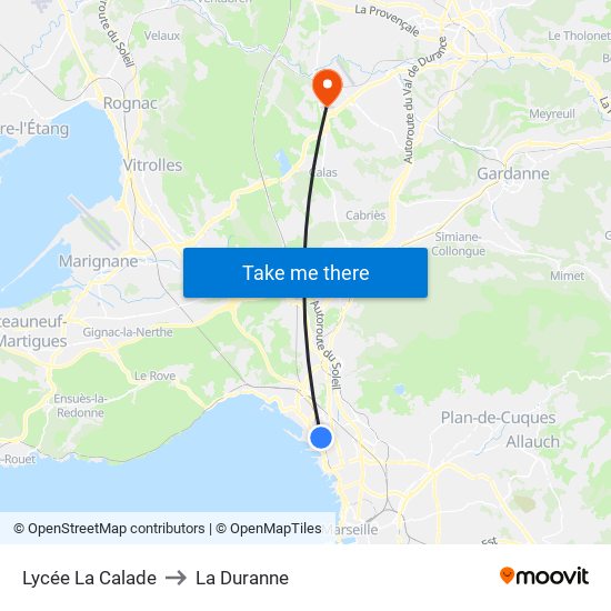 Lycée La Calade to La Duranne map