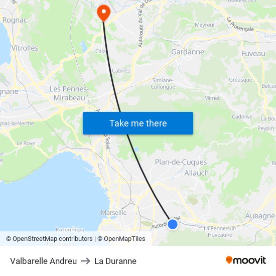 Valbarelle Andreu to La Duranne map