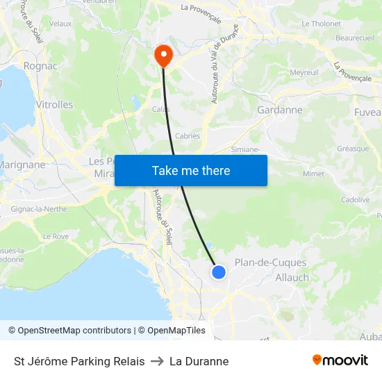 St Jérôme Parking Relais to La Duranne map