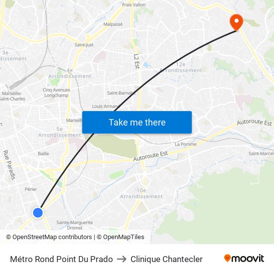 Métro Rond Point Du Prado to Clinique Chantecler map