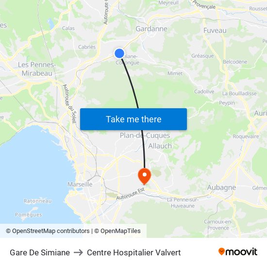 Gare De Simiane to Centre Hospitalier Valvert map