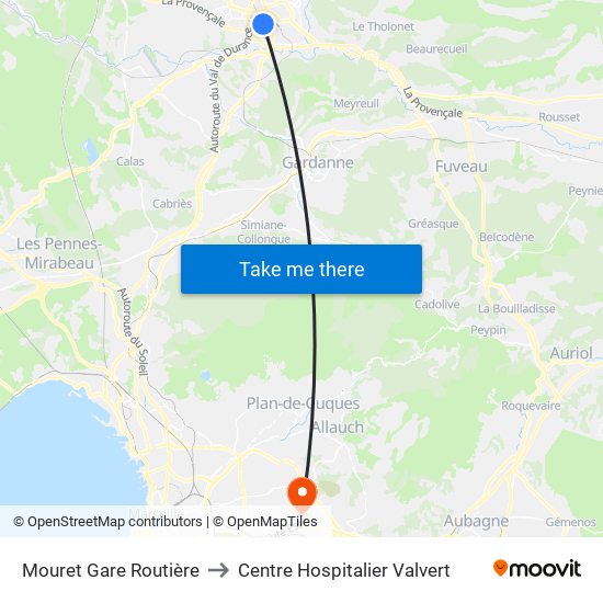 Mouret Gare Routière to Centre Hospitalier Valvert map