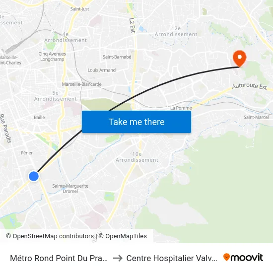 Métro Rond Point Du Prado to Centre Hospitalier Valvert map