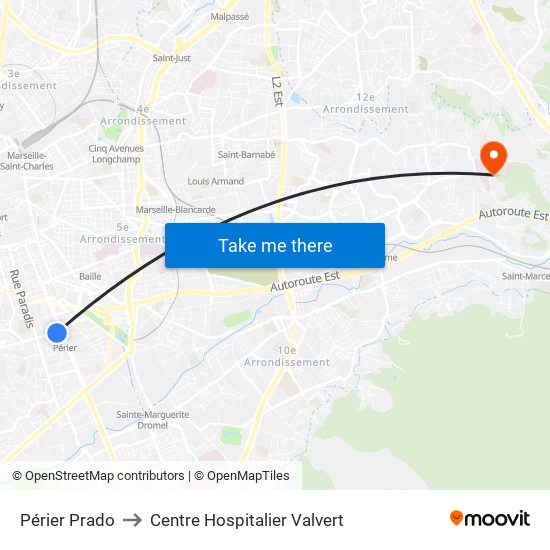 Périer Prado to Centre Hospitalier Valvert map