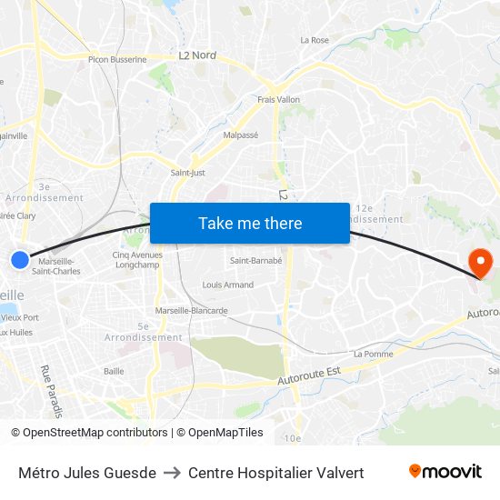 Métro Jules Guesde to Centre Hospitalier Valvert map