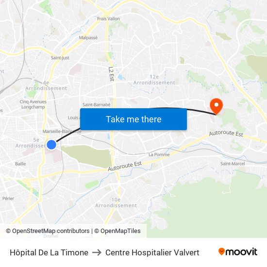 Hôpital De La Timone to Centre Hospitalier Valvert map