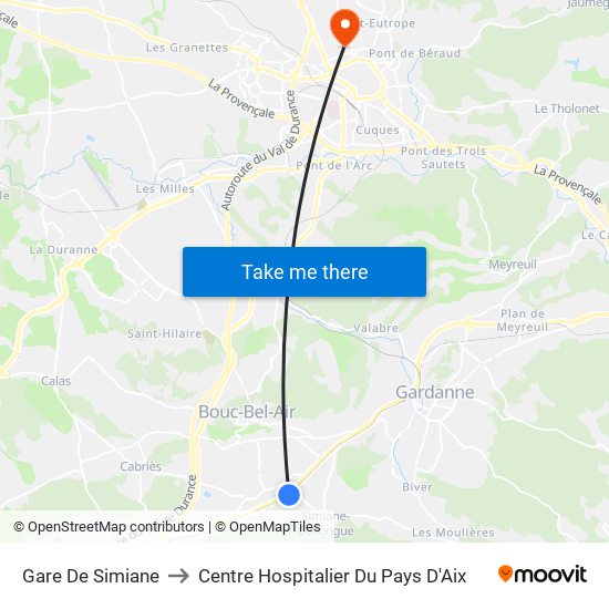 Gare De Simiane to Centre Hospitalier Du Pays D'Aix map