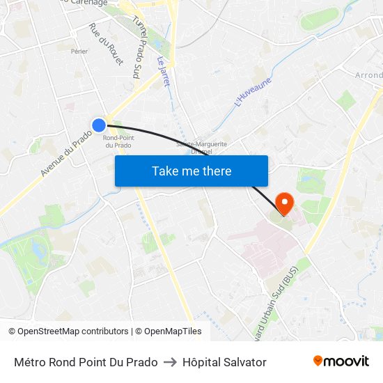 Métro Rond Point Du Prado to Hôpital Salvator map