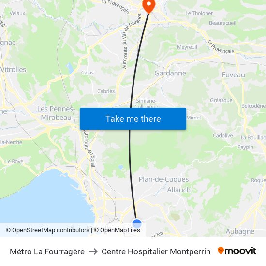 Métro La Fourragère to Centre Hospitalier Montperrin map