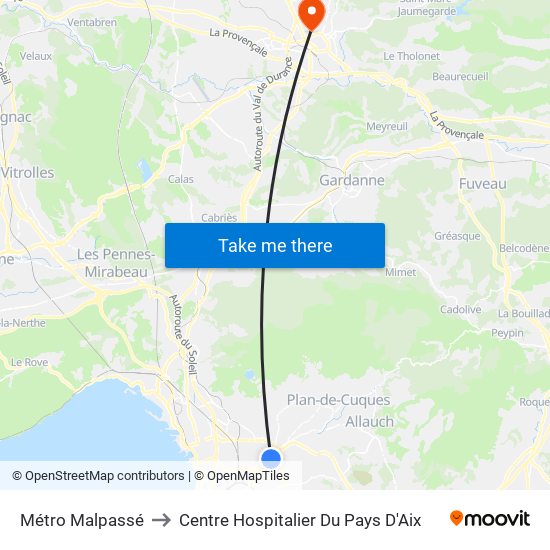 Métro Malpassé to Centre Hospitalier Du Pays D'Aix map