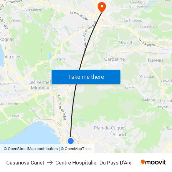 Casanova Canet to Centre Hospitalier Du Pays D'Aix map
