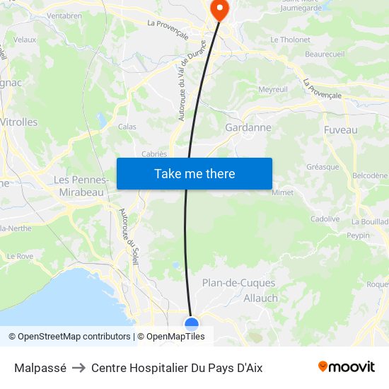 Malpassé to Centre Hospitalier Du Pays D'Aix map