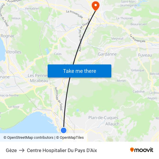 Gèze to Centre Hospitalier Du Pays D'Aix map