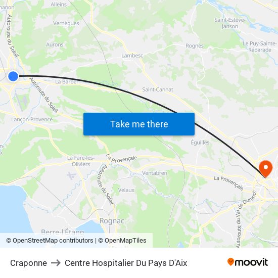 Craponne to Centre Hospitalier Du Pays D'Aix map