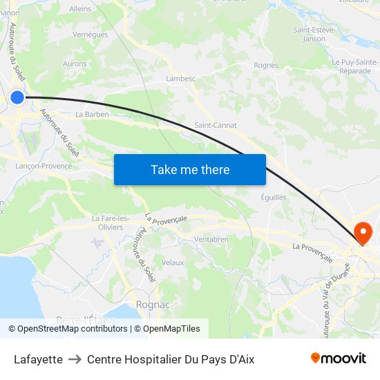 Lafayette to Centre Hospitalier Du Pays D'Aix map