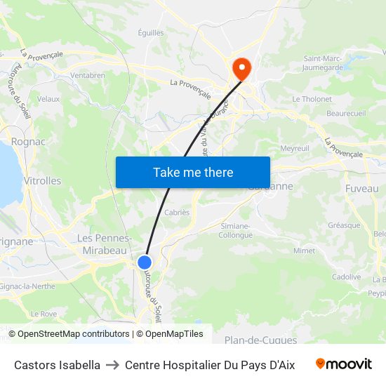 Castors Isabella to Centre Hospitalier Du Pays D'Aix map