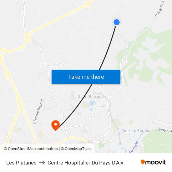 Les Platanes to Centre Hospitalier Du Pays D'Aix map