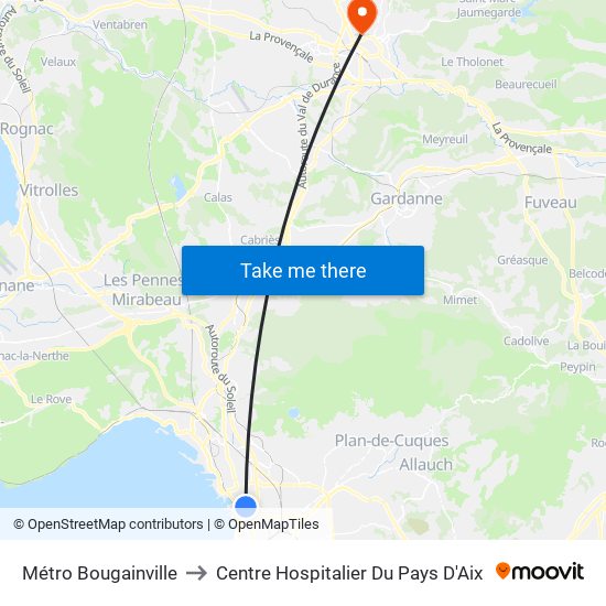 Métro Bougainville to Centre Hospitalier Du Pays D'Aix map