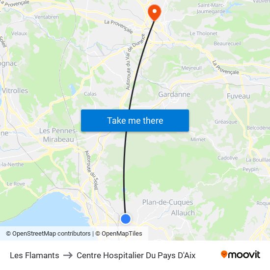 Les Flamants to Centre Hospitalier Du Pays D'Aix map