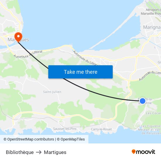 Bibliothèque to Martigues map