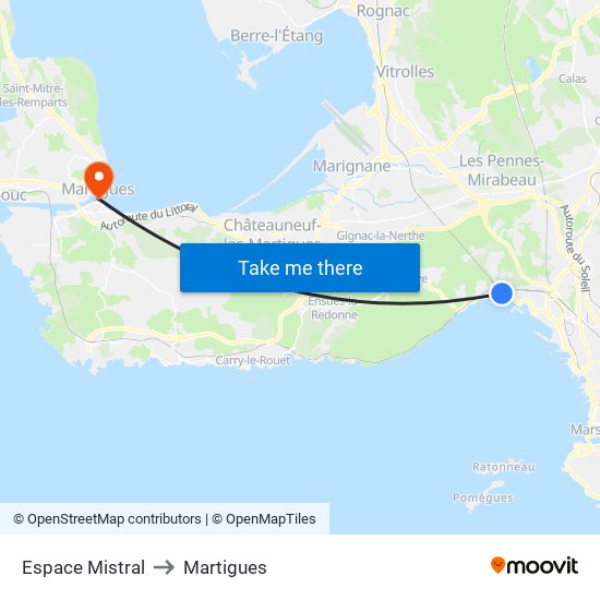 Espace Mistral to Martigues map