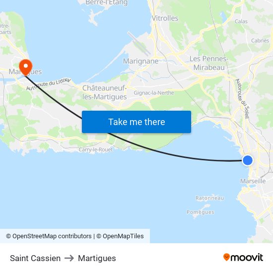 Saint Cassien to Martigues map