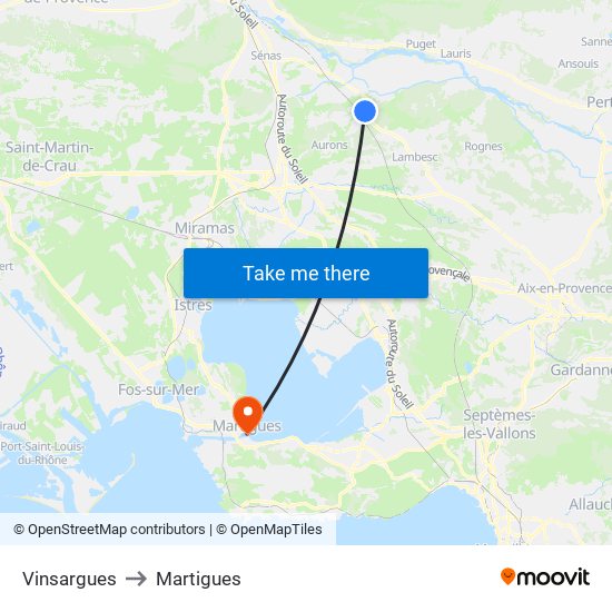 Vinsargues to Martigues map