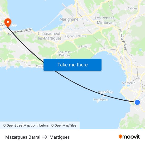 Mazargues Barral to Martigues map