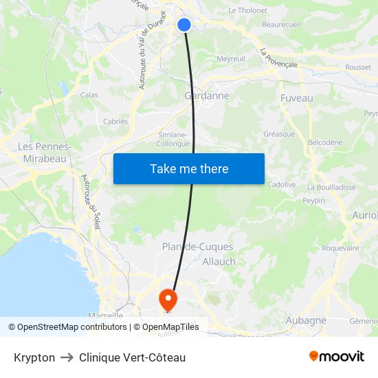 Krypton to Clinique Vert-Côteau map