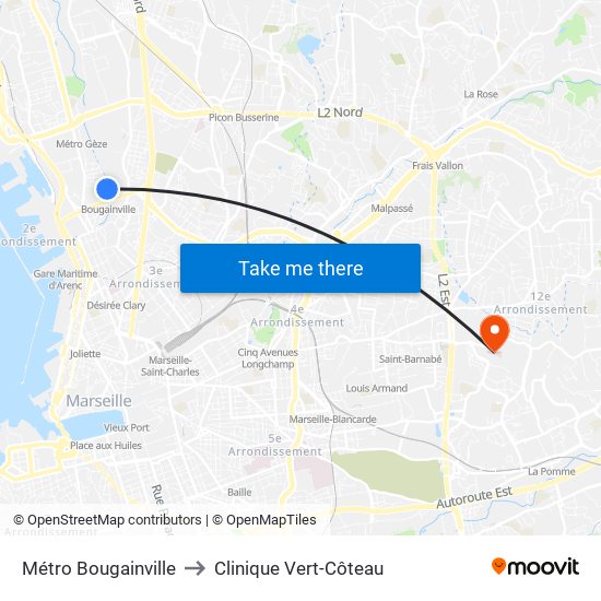 Métro Bougainville to Clinique Vert-Côteau map